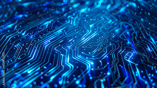 Close-up of a glowing blue circuit board, representing technology, digital networks, and electronic components. Perfect for tech visuals.