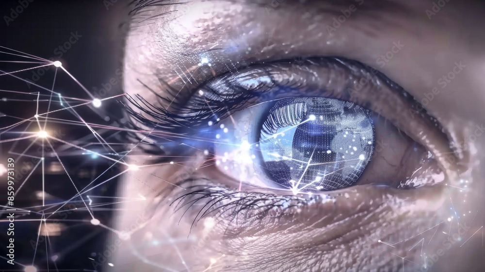 Close-up of a human eye with digital network and futuristic elements ...