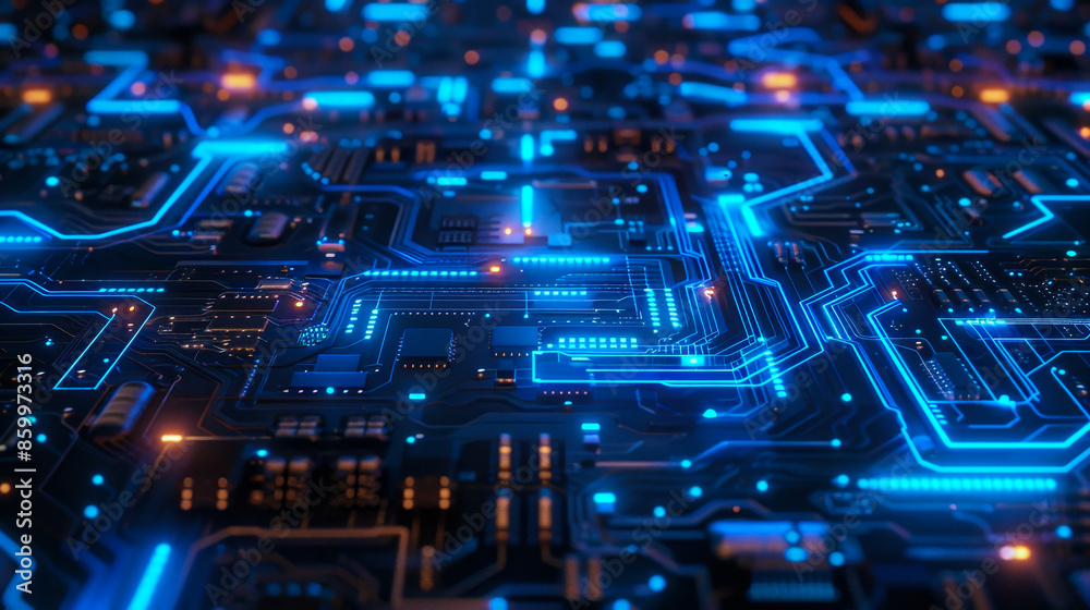 Close-up view of a glowing circuit board with blue neon lights, showcasing modern computing technology and integrated circuits. Close-up view of a glowing circuit board with blue neon lights, showcasing modern computing technology and integrated circuits.