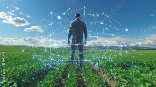 Farmer surrounded by futuristic digital network in a lush green field, symbolizing modern agriculture and technology integration.