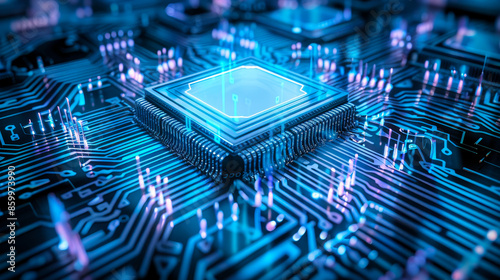 Futuristic close-up of a microchip on a motherboard, glowing with blue lights, representing cutting-edge technology and electronics.