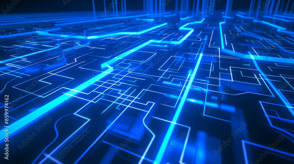 Obraz premium Futuristic digital circuit board with glowing blue lines depicting advanced technology and connectivity in a high-tech environment.