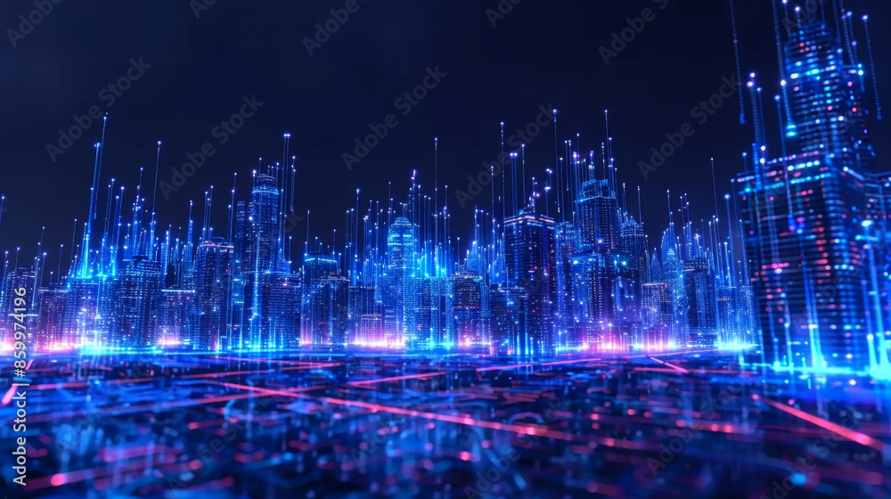 Futuristic digital cityscape with glowing blue and red lights, cyber environment representing advanced technology and artificial intelligence.