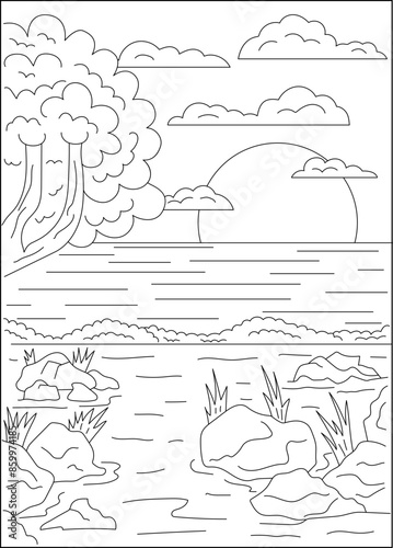 sunset landscape nature coloring book page