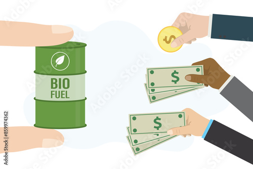 Manufacturer or seller fingers holding bio fuel barrel. Hands of politicians or businessmen pay dollar banknotes or golden coins. Eco-friendly green fuel, sustainable development