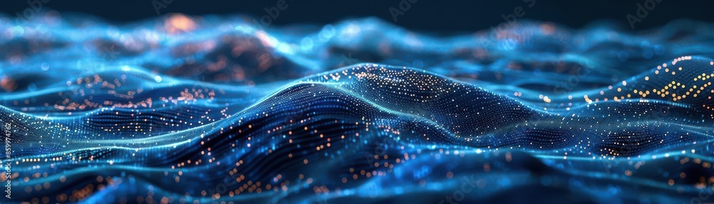 Tech Waves Waves of binary code and data symbols flowing across oceans ...