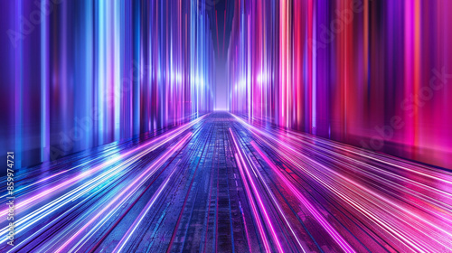 Futuristic neon light tunnel with vibrant colors, creating a dynamic and energetic digital landscape perfect for technology-themed projects.