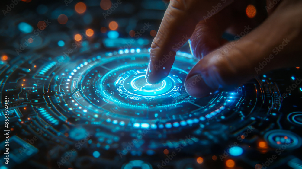 Hand interacting with futuristic digital touchscreen interface, advanced technology concept, close-up shot. Hand interacting with futuristic digital touchscreen interface, advanced technology concept, close-up shot.