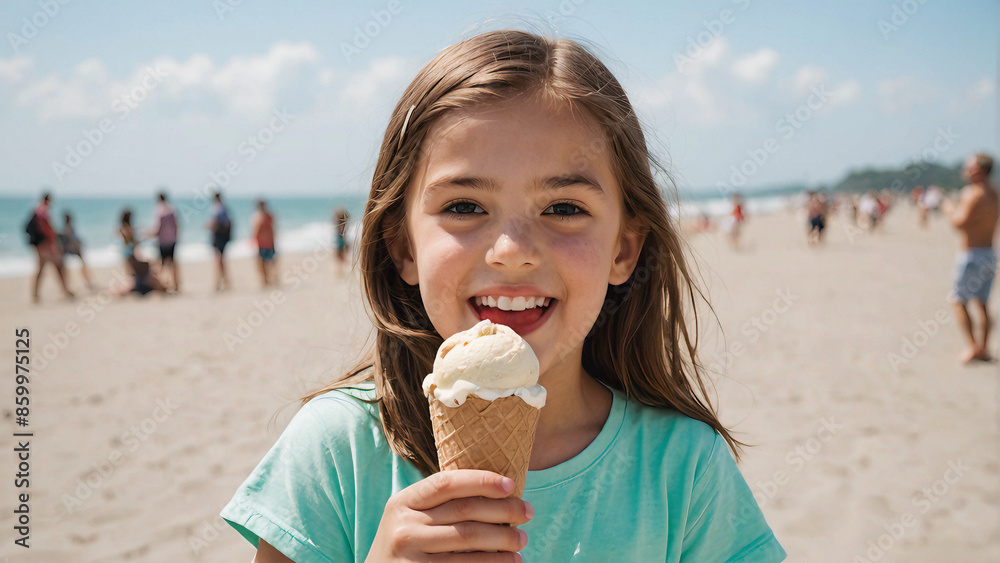 a girl on the beach with an ice cream on her face a girl on the beach with an ice cream on her face