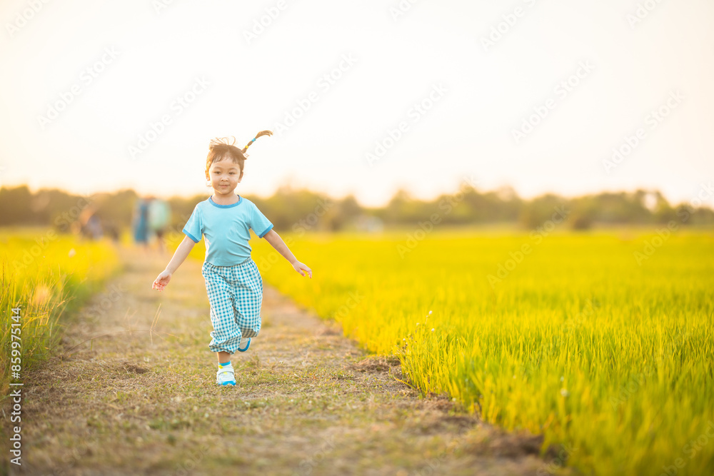 Fototapeta premium baby girl with happy time on freedom in emotional in outdoor by run play on grasses floor in rice fields blue dress