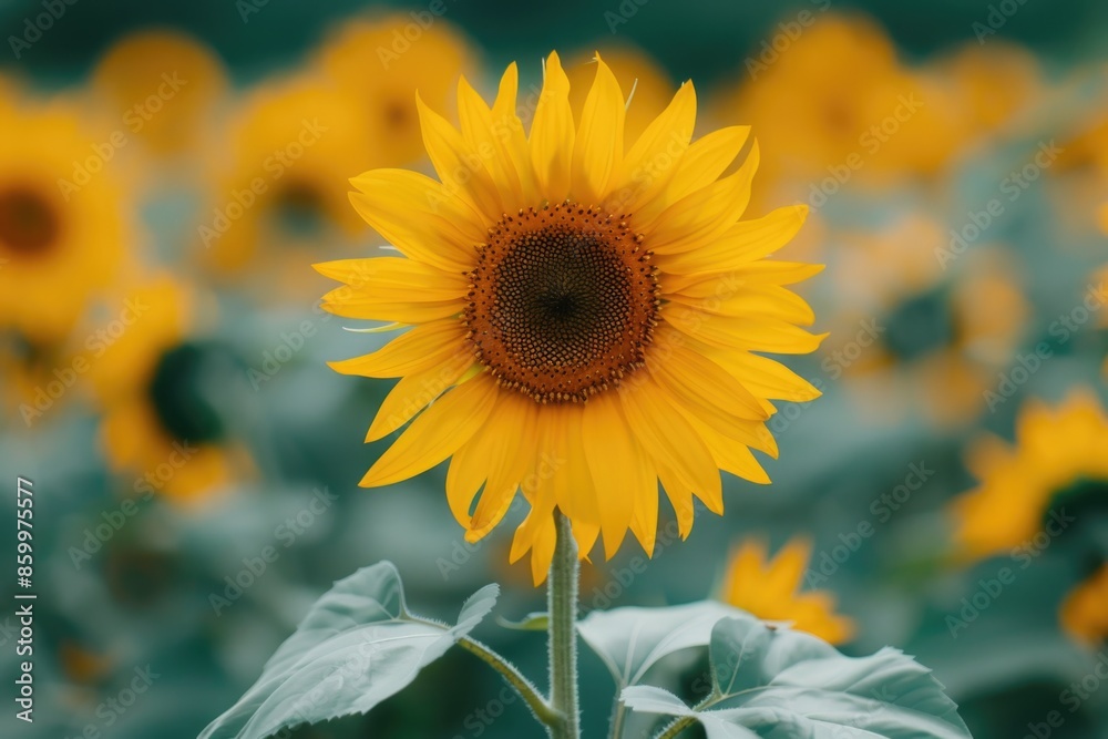 Fototapeta premium Field of sunflowers with green leaves