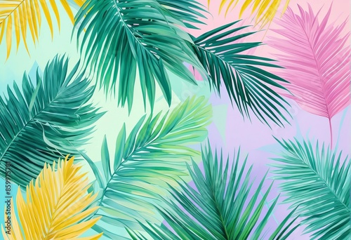 Dynamic tropical palm leaves on a soothing pastel background, adding a burst of color. © Anna