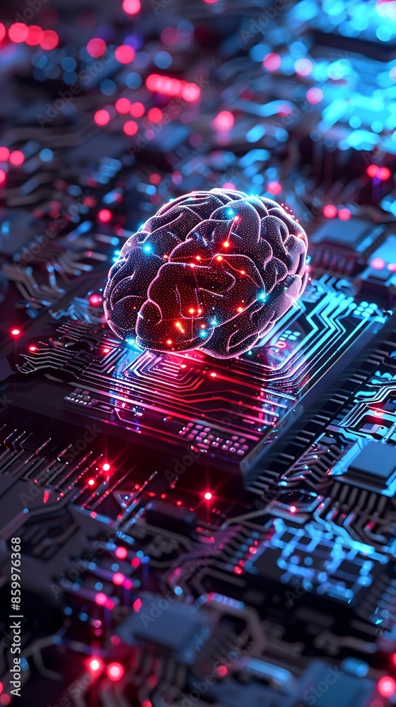 Fototapeta premium Neural circuit and electronic cyber brain in a quantum computing system, concept of artificial intelligence technology, biotechnology innovation, robot progress and machine learning