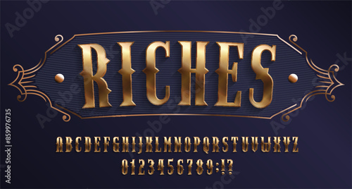 Riches alphabet font. 3d golden letters and numbers. Stock vector typeface for your design.