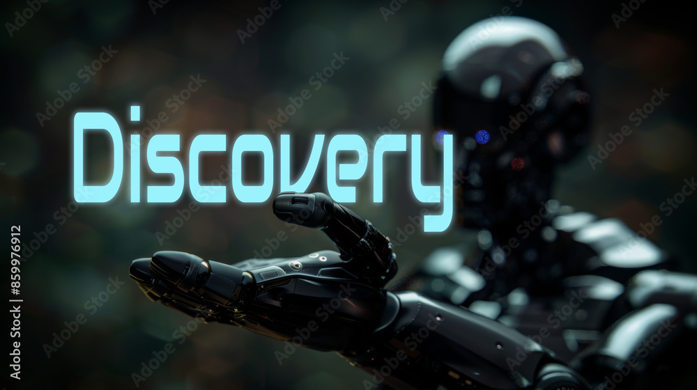 Discovery word on the hand of a humanoid robot. Text concept of business and technology. Copy space. Discovery word on the hand of a humanoid robot. Text concept of business and technology. Copy space.