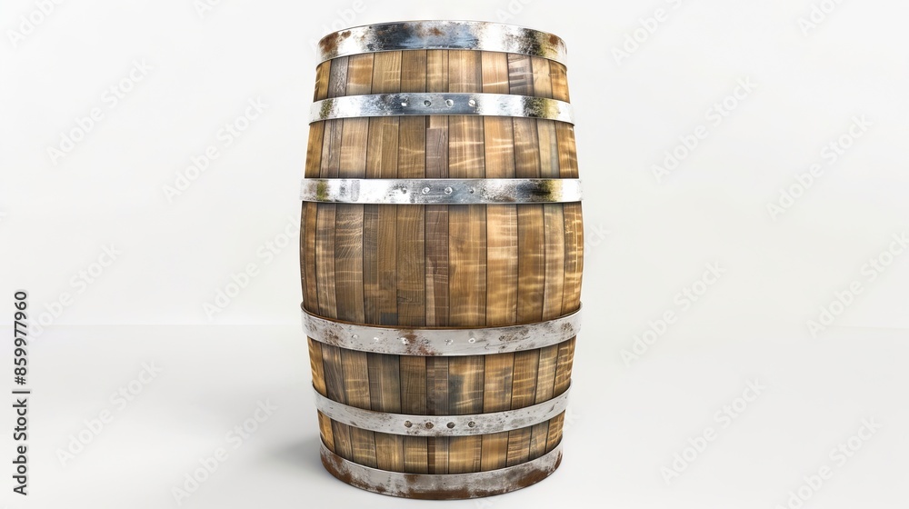A wooden barrel with metal rims on it. A wooden barrel with metal rims on it.