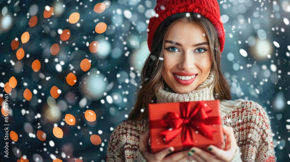 woman holding a gift box with against a festive background woman holding a gift box with against a festive background