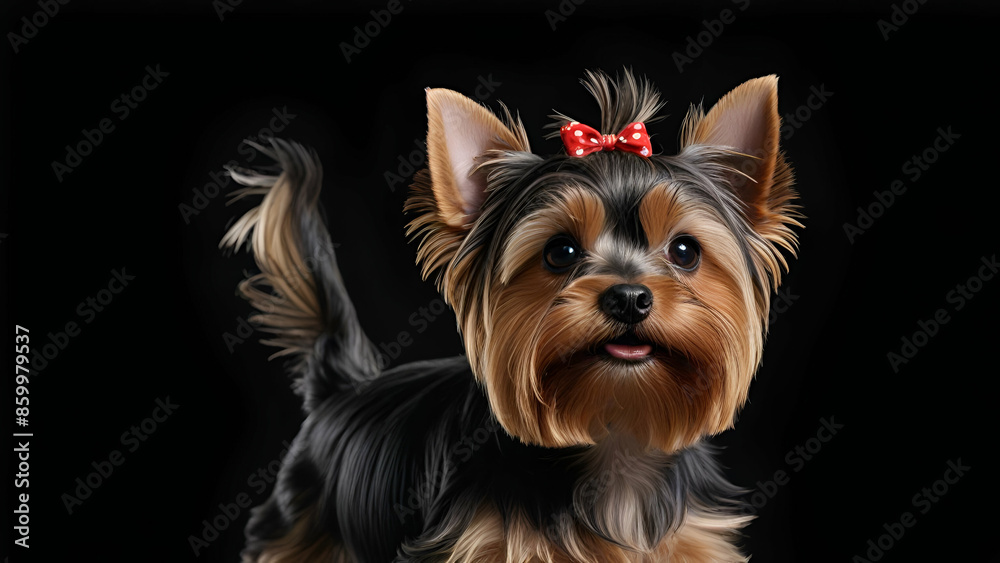 Fototapeta premium Cute Yorkshire Terrier Dog, isolated photo on black background