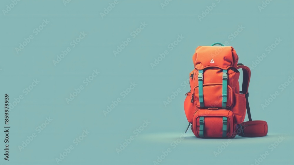 A minimalist image showcasing a bright orange backpack on a simple, light blue backdrop. This simple yet impactful image symbolizes adventure, travel, and exploration. Generative AI A minimalist image showcasing a bright orange backpack on a simple, light blue backdrop. This simple yet impactful image symbolizes adventure, travel, and exploration. Generative AI
