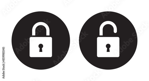 Lock and unlock icon privacy symbol set in black and white color in simple style. Set of close and open locks. Lock icon collection. Locked and unlocked black icon.