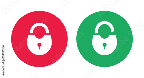 Lock and unlock icon privacy symbol set in green and red circle in rounded style. Set of close and open locks. Lock icon collection. Locked and unlocked red and green color.