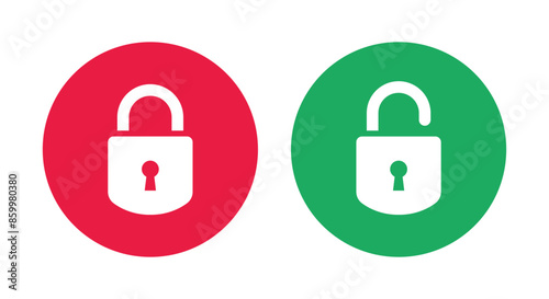 Lock and unlock icon privacy symbol set in green and red circle in lower curve style. Set of close and open locks. Lock icon collection. Locked and unlocked red and green color.