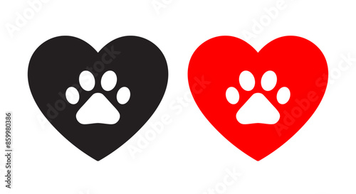 Pet lover icon set pow or animal footprint in heart symbol in black and red color. Heart with dog, cat footprint set. Animal pow in heart icon.  Heart paw icon vector set.