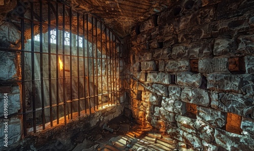 A medieval dungeon with iron bars, stone walls, and flickering torchlight casting shadows