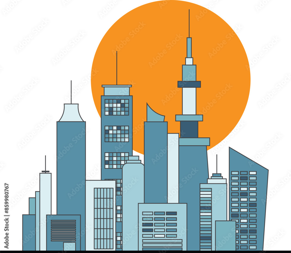 Fototapeta premium Modern Cityscape Illustration with Skyscrapers in Flat Design