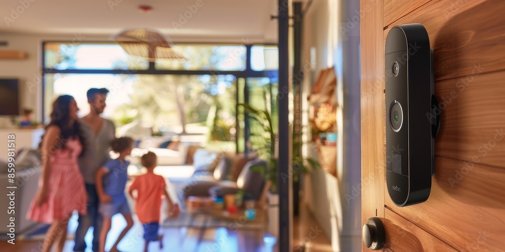 Parents using a smart doorbell camera to see who is at the door while kids play in the background, illustrating enhanced home security features Parents using a smart doorbell camera to see who is at the door while kids play in the background, illustrating enhanced home security features