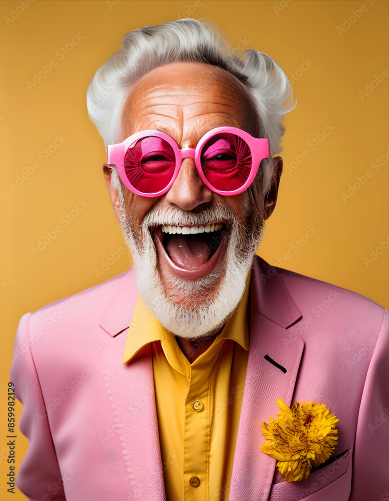 Retired eighty year old man with beard an jacket and pink sunglasses smiling happy out loud Retired eighty year old man with beard an jacket and pink sunglasses smiling happy out loud