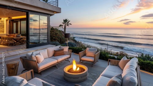 Wallpaper Mural A luxurious outdoor seating area with comfortable furniture, a fire pit, and a view of the ocean. Torontodigital.ca