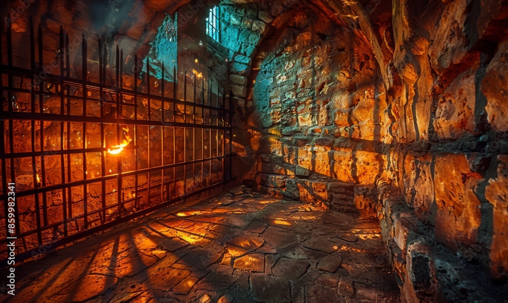 Fototapeta premium A medieval dungeon with iron bars, stone walls, and flickering torchlight casting shadows