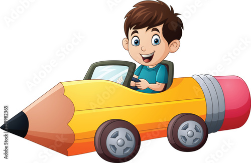 Cartoon boy riding a pencil car