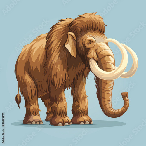 A cute cartoon illustration of a woolly mammoth with large tusks, standing against a simple blue background, ideal for educational purposes. photo