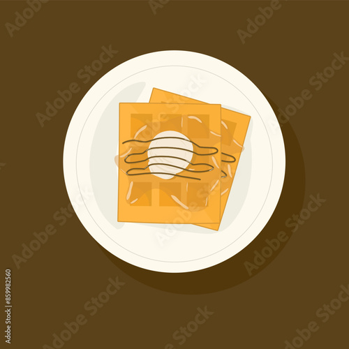 Waffles on the plate with topping ice cream vector set breakfast 