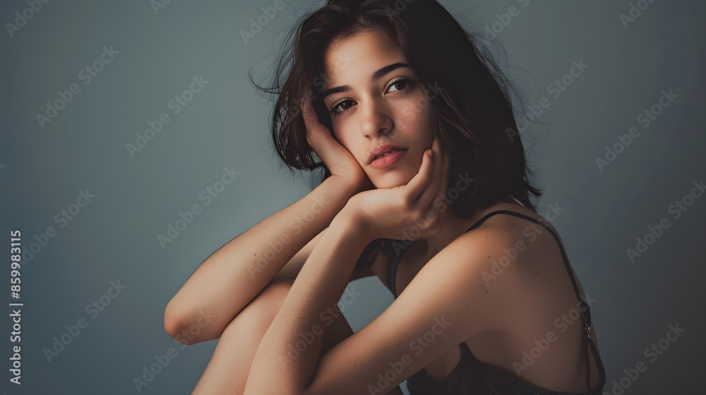 attractive fashionable woman looking at camera while sitting on floor on grey background : Generative AI attractive fashionable woman looking at camera while sitting on floor on grey background : Generative AI