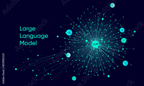 Illustration of abstract stream information with cyan line and dot. Big data, technology, AI, data transfer, data flow, large language model, generative ai