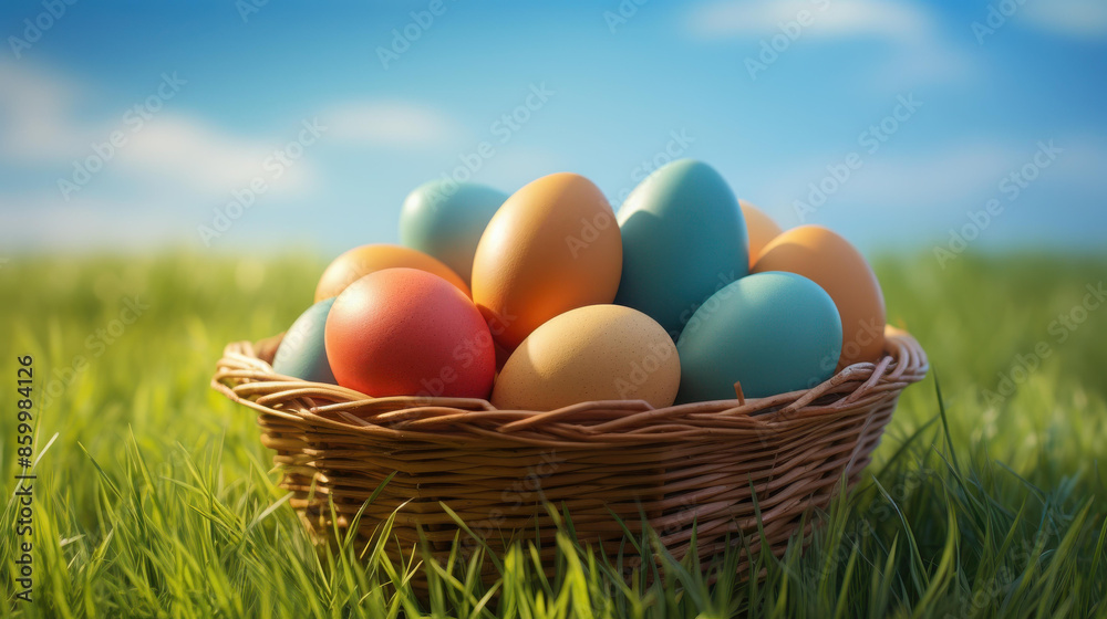 Vibrant basket of coloured eggs on lush green spring meadow Vibrant basket of coloured eggs on lush green spring meadow