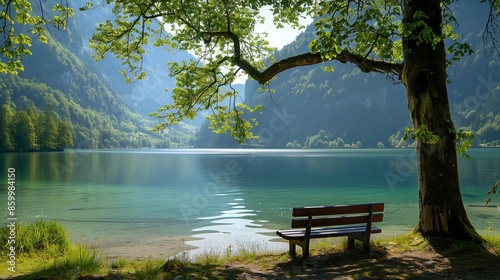 Wallpaper Mural A serene lakeside spot with a bench and a clear view. Torontodigital.ca