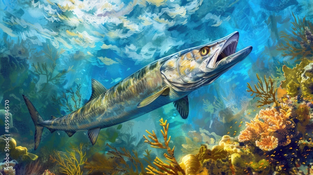 Fototapeta premium Digital painting of a Great Barracuda hunting in the Cayman Islands reef