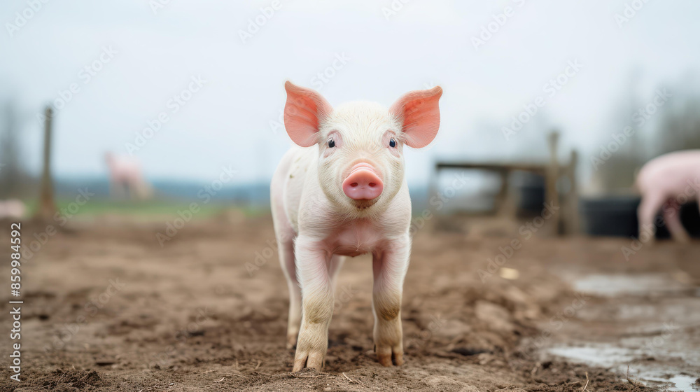 Adorable piglet standing in barnyard at pig farm. Adorable piglet standing in barnyard at pig farm.
