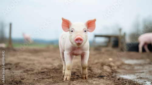 Adorable piglet standing in barnyard at pig farm. photo
