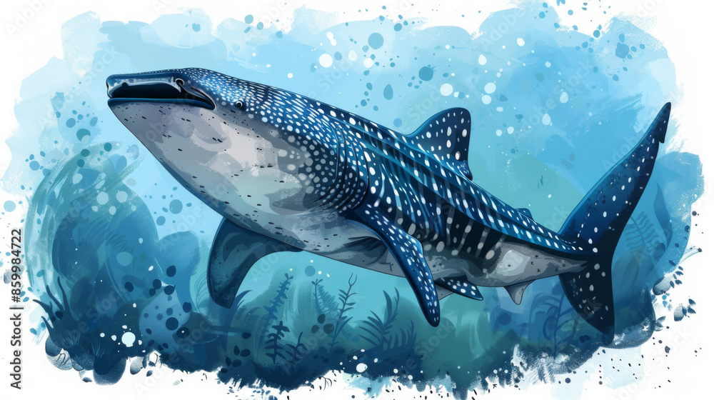 Naklejka premium Artistic illustration of a whale shark swimming underwater, highlighting marine life, ocean environment, and aquatic beauty.