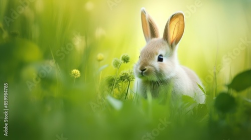 Adorable bunny in lush green grass with flowers, perfect for springtime themes photo