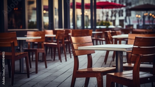 Cozy outdoor seating with empty tables and chairs near a city cafe.