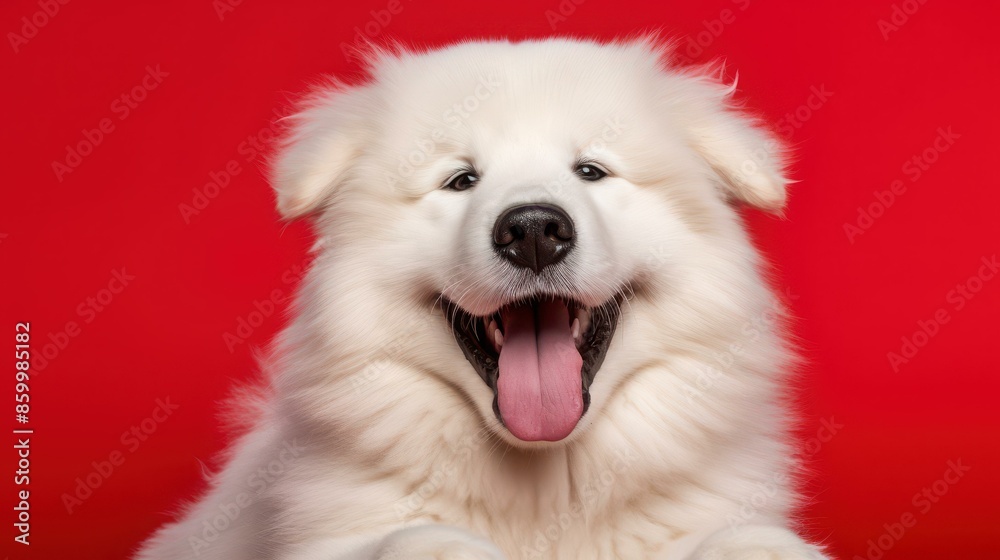Cute and playful puppy dog portrait on red background. Cute and playful puppy dog portrait on red background.