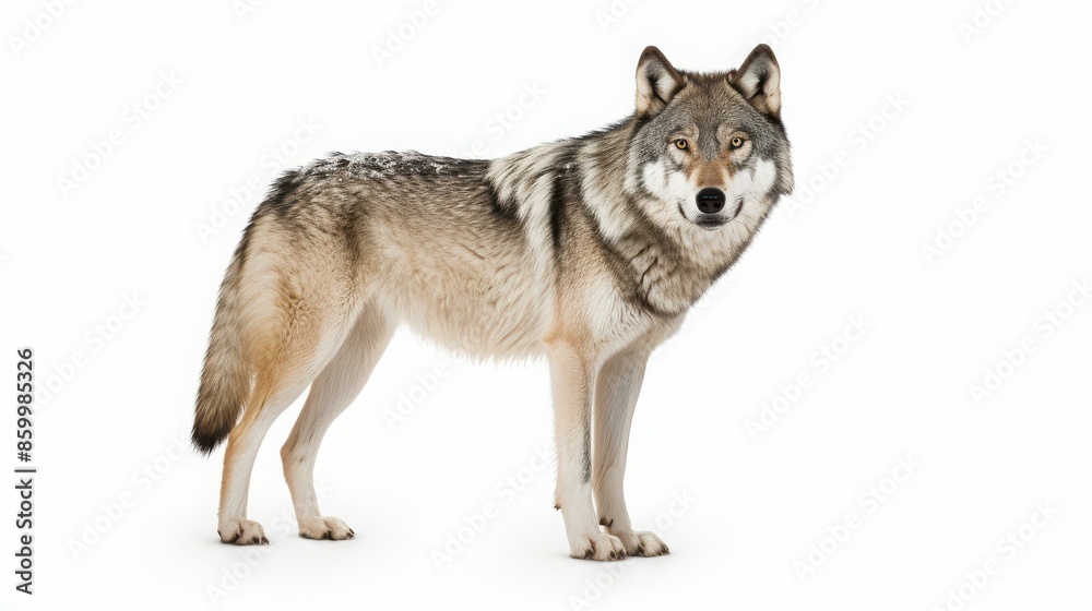 Stunning image of a gray wolf standing proudly against a white background. Stunning image of a gray wolf standing proudly against a white background.