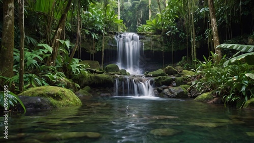 Misty jungle waterfall cascading through lush green foliage
