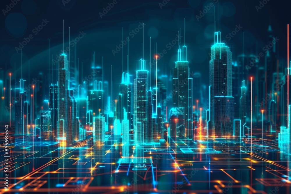 Fototapeta premium Futuristic Digital Cityscape Illuminated by Vibrant Lights